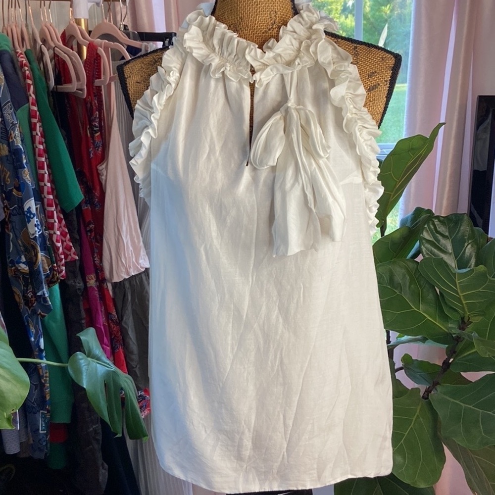 LK Collection Ruffled Cotton Voile White Sleeveless Top Sz S
